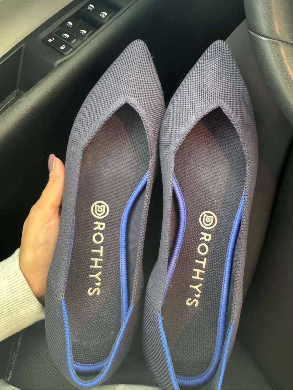 Rothy's Pointed Knit Flats in Navy with Blue Trim